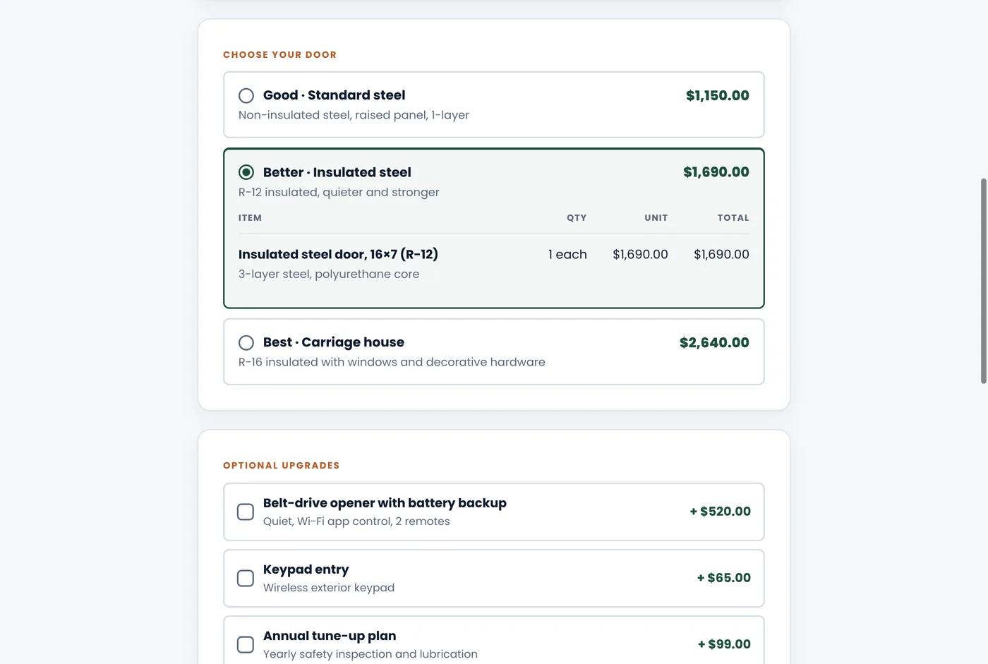 A good / better / best garage door proposal as the customer sees it